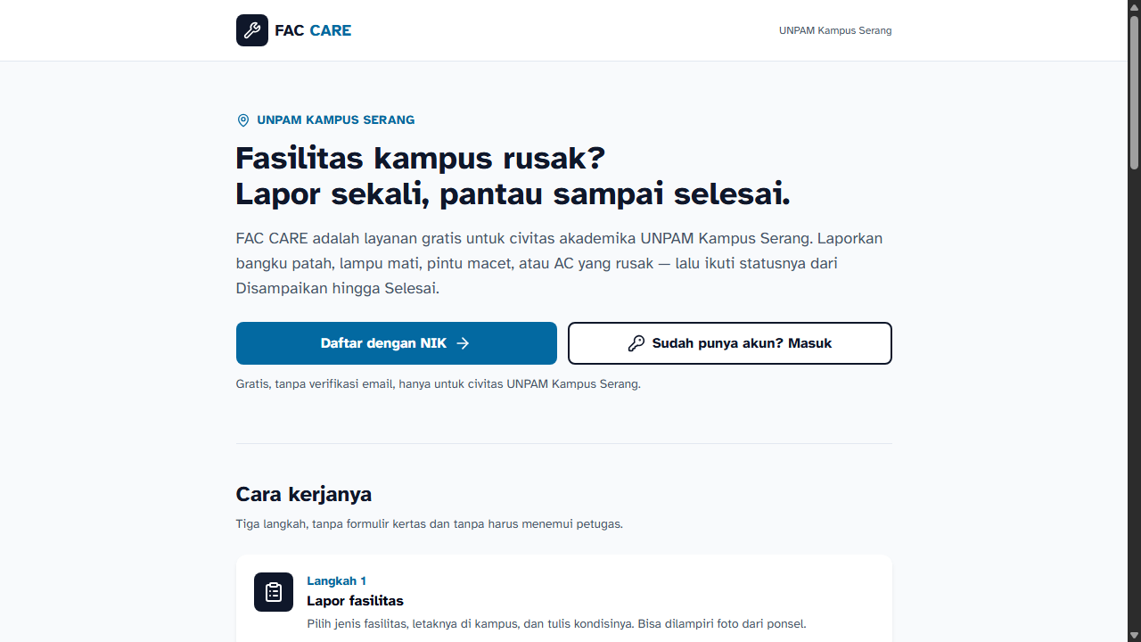 Tampilan beranda FAC CARE dengan judul Fasilitas kampus rusak? Lapor sekali, pantau sampai selesai