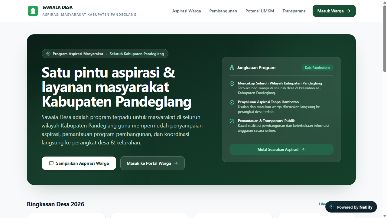 Tampilan beranda Sawala Desa dengan judul Satu pintu aspirasi dan layanan masyarakat Kabupaten Pandeglang